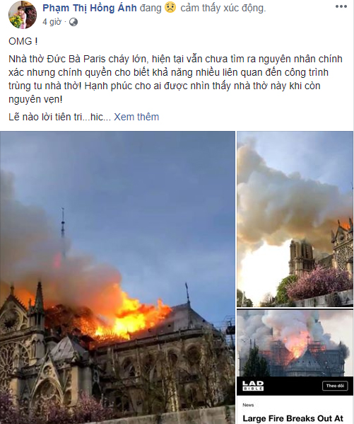 Loạt sao Việt đau xót khi Nhà thờ Đức Bà Paris bốc cháy ngùn ngụt, đỉnh tháp 850 năm tuổi sụp đổ