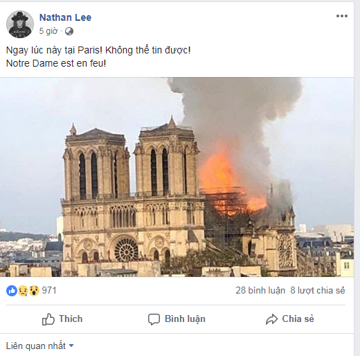 Loạt sao Việt đau xót khi Nhà thờ Đức Bà Paris bốc cháy ngùn ngụt, đỉnh tháp 850 năm tuổi sụp đổ