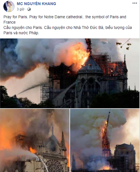 Loạt sao Việt đau xót khi Nhà thờ Đức Bà Paris bốc cháy ngùn ngụt, đỉnh tháp 850 năm tuổi sụp đổ