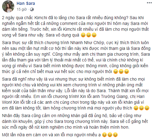 Han Sara lên tiếng xin lỗi vì sự quá lố trong Nhanh như chớp