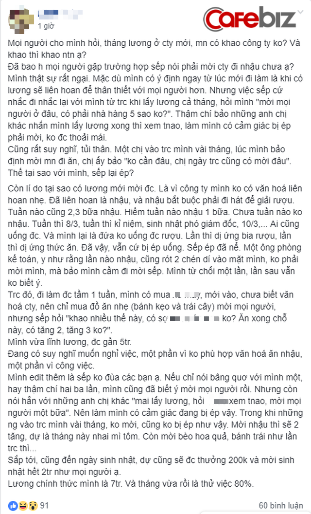 Lương tháng đầu 5 triệu: Sếp gợi ý phải khao cả công ty ăn ở nhà hàng 5 sao, ép nhậu tuần 2, 3 bữa, tôi muốn nghỉ việc!