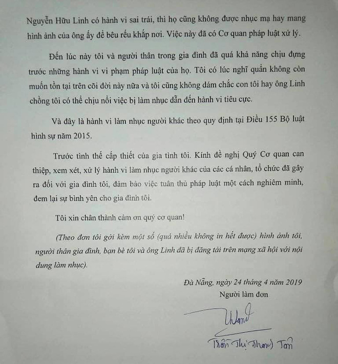 Sau tâm thư, vợ ông Nguyễn Hữu Linh tiếp tục gửi đơn tố cáo về việc bị xúc phạm, lăng mạ