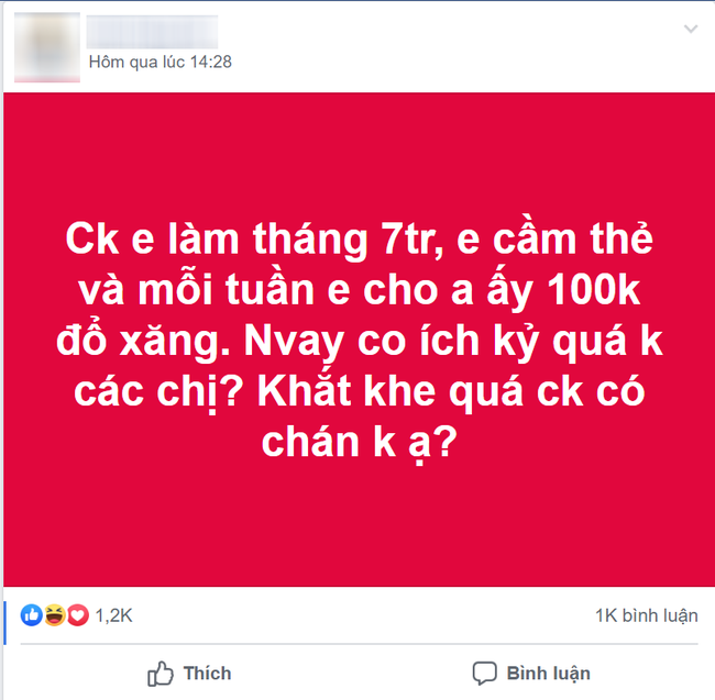 Khoe chồng làm lương tháng 7 triệu đưa hết vợ giữ, nhưng chỉ 1 hành động của vợ trẻ khiến chị em phẫn nộ mắng cho Khoe chồng làm lương tháng 7 triệu đưa hết vợ giữ, nhưng chỉ 1 hành động của vợ trẻ khiến chị em phẫn nộ mắng cho