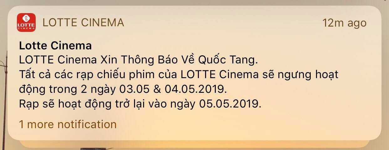Rạp phim thông báo ngừng phục vụ hai ngày quốc tang 3-4/5/2019
