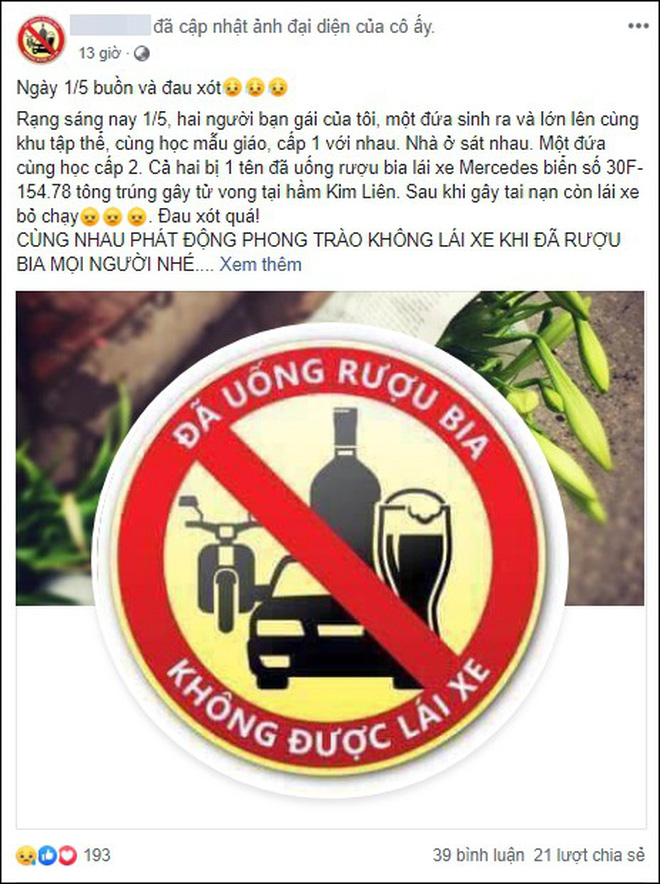 Sau tai nạn thương tâm ở hầm Kim Liên, cộng đồng mạng đồng loạt thay avatar Facebook với thông điệp: Say xỉn lái xe là tội ác!