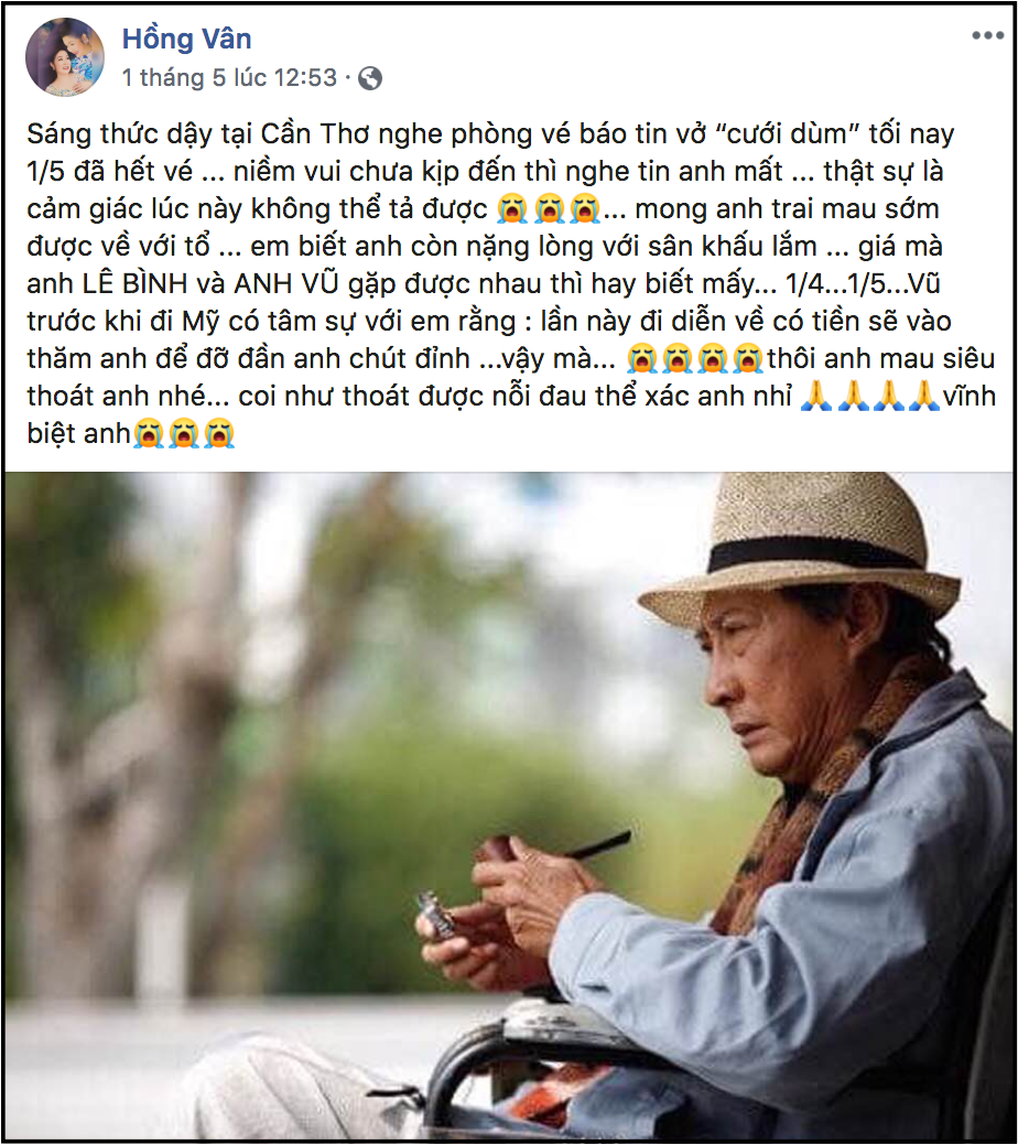 NSND Hồng Vân gửi lời tạ lỗi khi không thể tới tang lễ thắp nhang tiễn biệt nghệ sĩ Lê Bình,