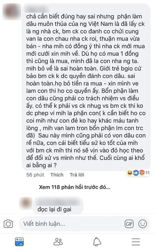 Tuyên bố nhà chồng đã bỏ tiền ra mua mình về thì có quyền đánh chửi, nàng dâu bị cả MXH ném đá kịch liệt Tuyên bố nhà chồng đã bỏ tiền ra mua mình về thì có quyền đánh chửi, nàng dâu bị cả MXH ném đá kịch liệt