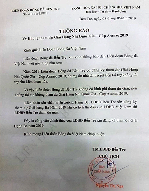 CLB Bến Tre lại xin bỏ giải hạng Nhì