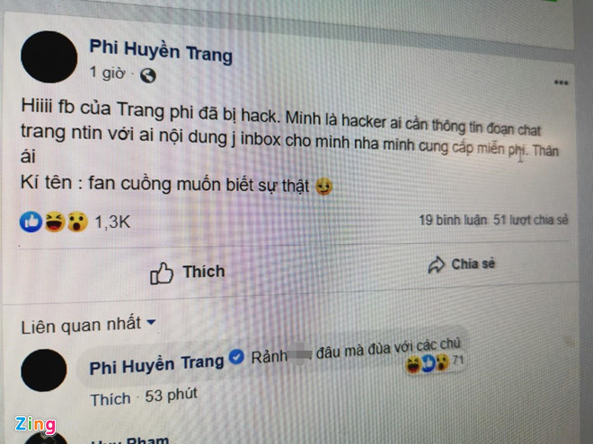 Facebook Phi Huyền Trang bị hack, đe dọa lộ clip nóng