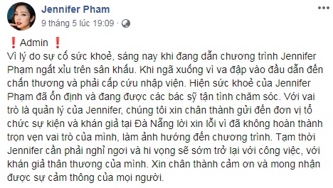 Jennifer Phạm xin lỗi vì sự cố ngất xỉu trên sân khấu
