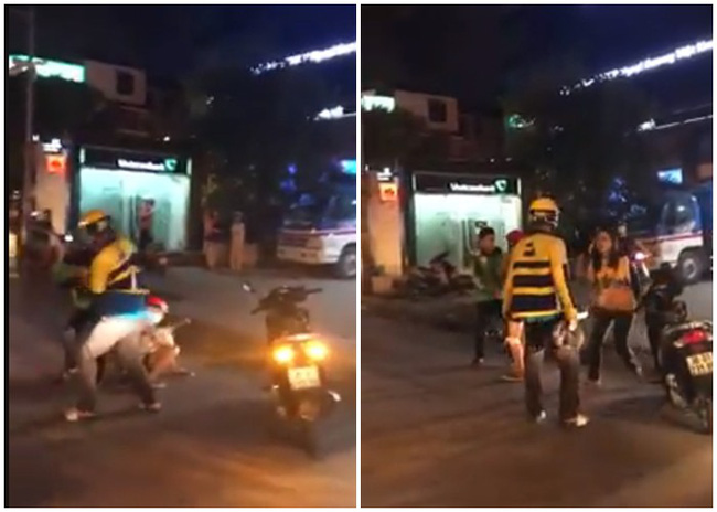 Tài xế xe ôm đánh nhau như phim chưởng trên phố, 2 cô gái đi xe lao vào can ngăn