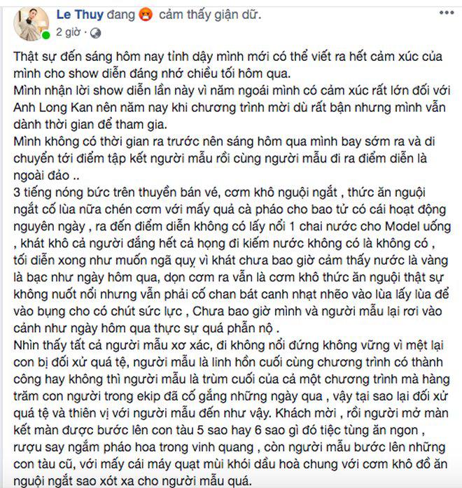 Lê Thuý và dàn mẫu phẫn nộ vì bị đối xử tệ bạc, đói khát trong show diễn ngoài đảo