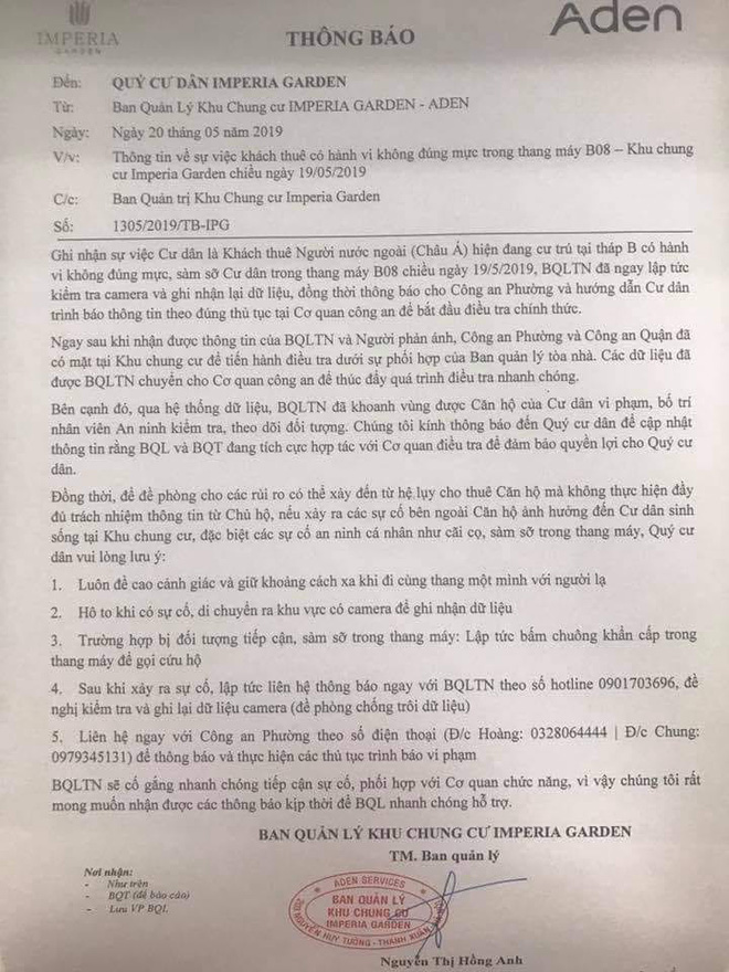 Người đàn ông ngoại quốc bị tố sàm sỡ cư dân trong thang máy chung cư nói không nhớ chuyện gì