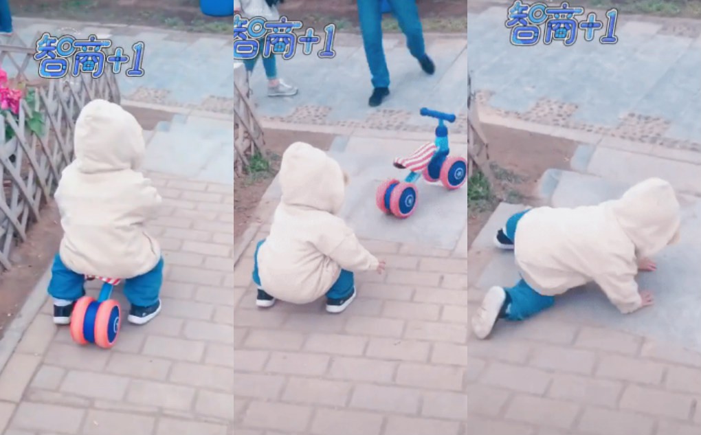 Chỉ 10s tìm cách đưa xe qua bậc cầu thang, em bé đáng yêu khiến dân mạng cười ngất vì IQ vô cực