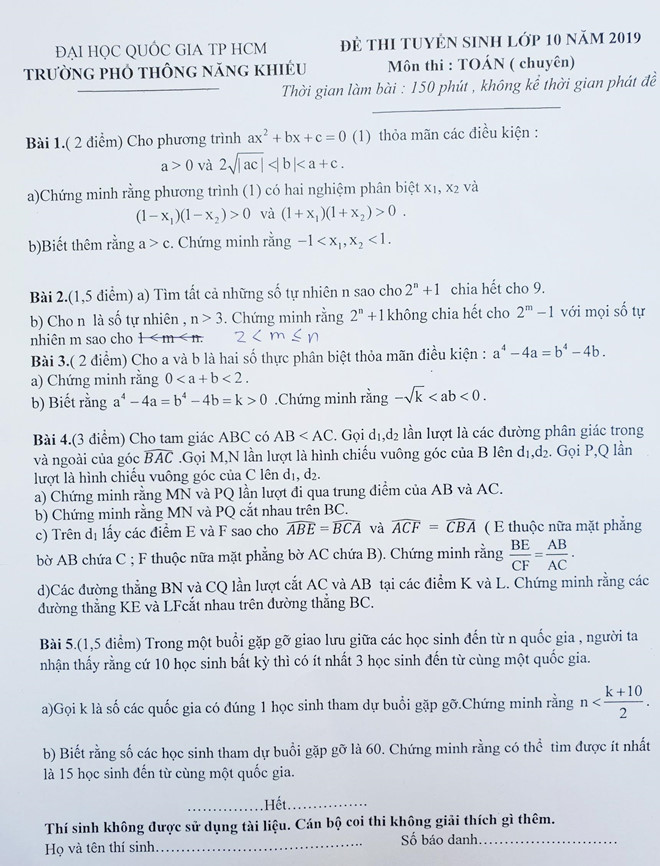 Đề thi Toán chuyên vào lớp 10 trường Phổ thông Năng khiếu có sai sót