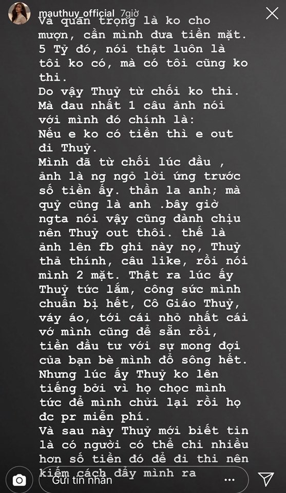 Mâu Thủy vạch trần sự thật chuyện mất suất thi Miss Earth, ám chỉ Phương Khánh chi bạo đi thi