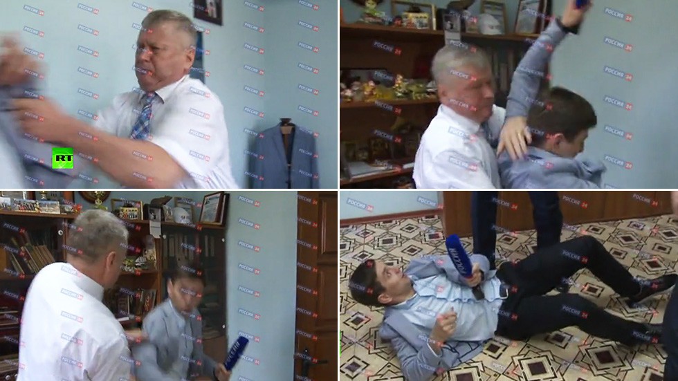 Bị hỏi khó, quan chức Nga quật ngã phóng viên trên sóng truyền hình