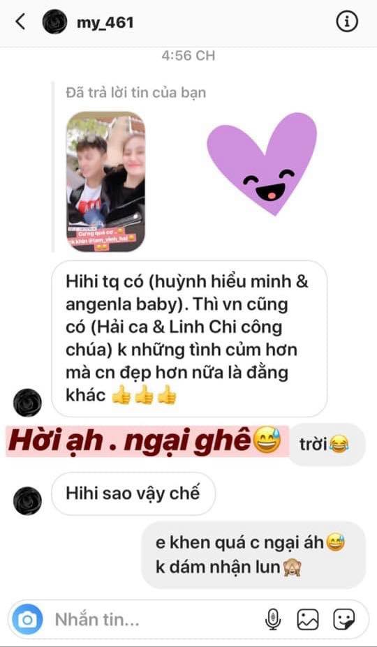 Linh Chi khá thích thú với sự so sánh chuyện tình cảm của cô tương tự Huỳnh Hiểu Minh và Angela Baby.