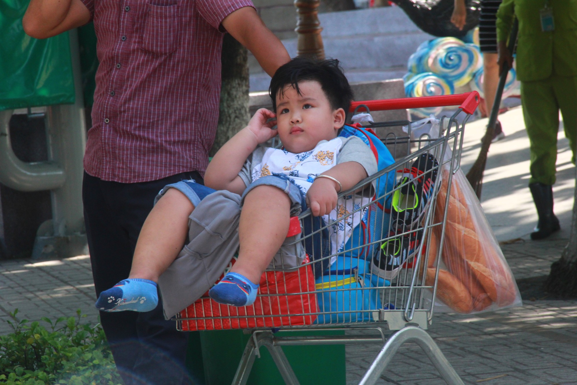 Cho con trai vào xe đẩy để tiện di chuyển.