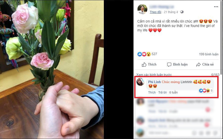 Phí Linh hài hước để lại bình luận trong ảnh của ông xã tương lai.