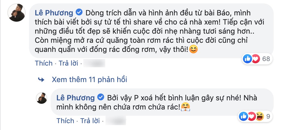Lê Phương thẳng thắn đáp trả những lời mỉa mai từ phía cư dân mạng.