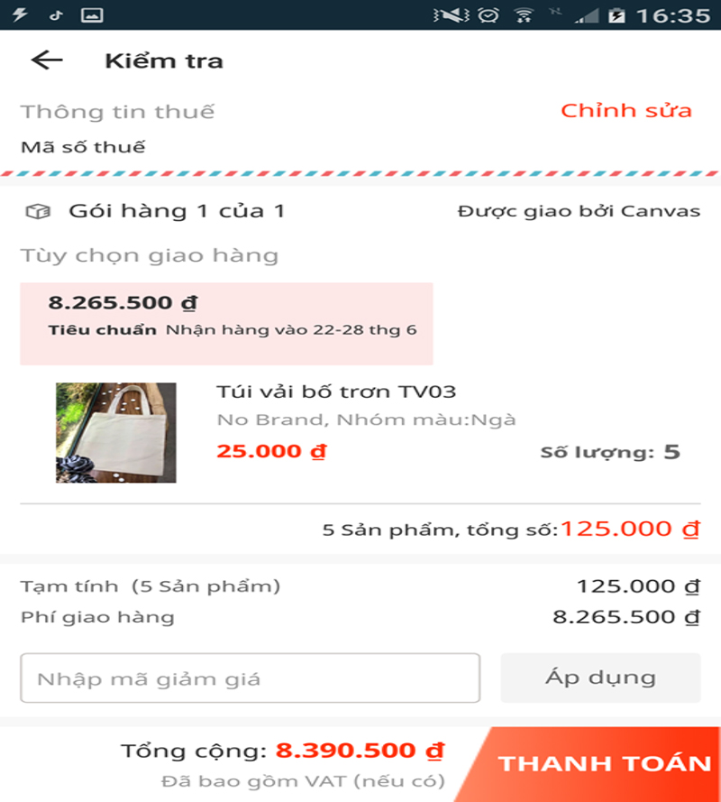 Sản phẩm chỉ có giá 125 ngàn nhưng phí giao hàng hơn 8 triệu đồng. Ảnh: Anh Đào