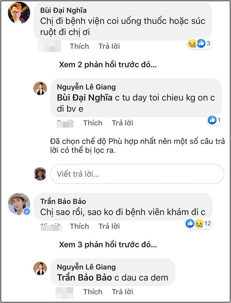 Đại Nghĩa, BB Trần nhanh chóng gửi lời hỏi thăm và khuyên nữ nghệ sĩ nhanh chóng đi bệnh viện để kiểm tra.