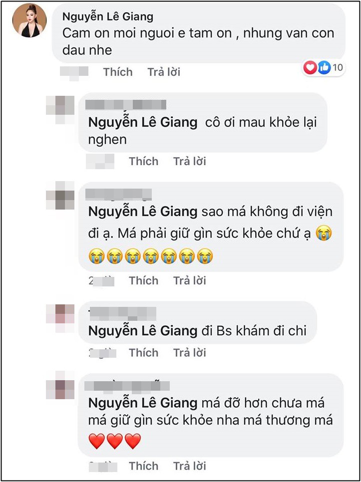 Hiện tại Lê Giang cho biết vẫn bị những cơn đau từng đợt, sẽ chịu đến chiều nếu không khỏi sẽ đi truyền dịch để tránh mất nước.