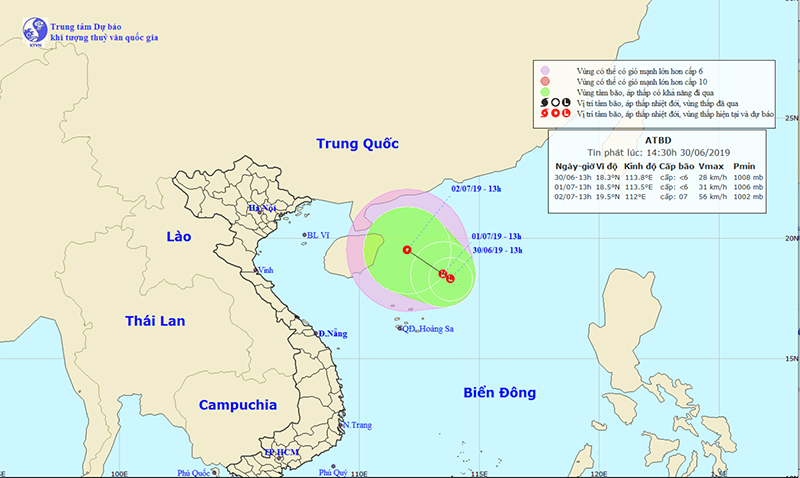 Đường đi của vùng áp thấp. Ảnh: NCHMF