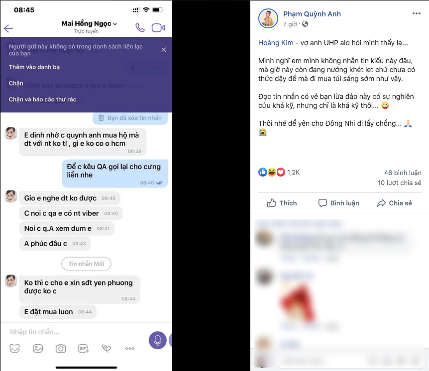 Phạm Quỳnh Anh chia sẻ tin nhắn có người giả mạo Đông Nhi lừa đảo.