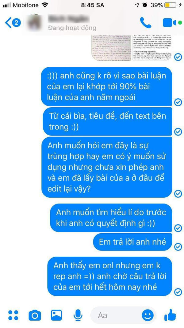 Nghĩa nhắn tin cho nữ sinh N. về vụ việc 1 cách thiện chí.