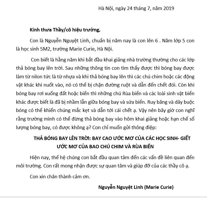 Bức thư em Nguyễn Nguyệt Linh gửi tới các trường học ở Hà Nội.