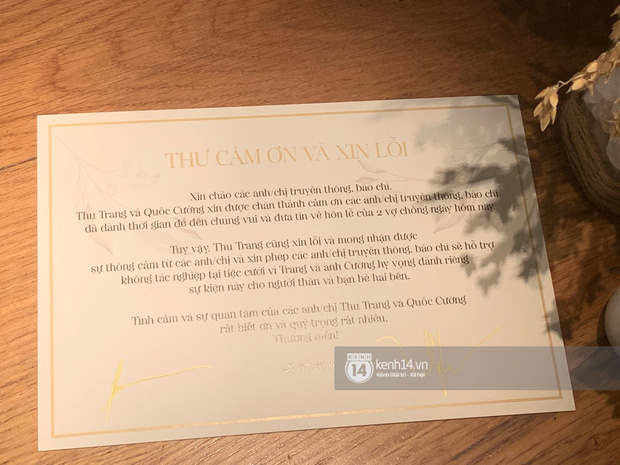 Thư cảm ơn và xin lỗi của Đàm Thu Trang - Cường Đô La dành cho truyền thông về vấn đề hạn chế tác nghiệp.