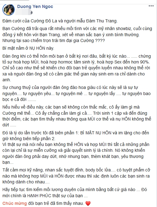 Dương Yến Ngọc lý giải vì sao Cường Đô La cưới Đàm Thu Trang dù trải qua nhiều mối tình showbiz.