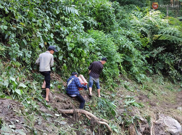 Nhiều thanh niên hỗ trợ mang thực phẩm vào bản.