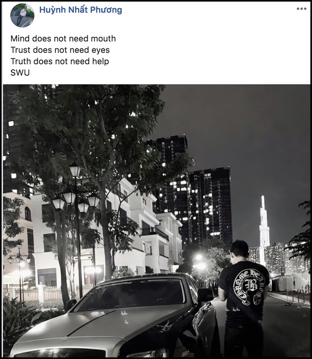 Dòng trạng thái ẩn ý được chồng Thu Thủy đăng tải sau ồn ào con trai bị bố dượng cấu tay (Tạm dịch: Tâm không cần miệng. Lòng tin không cần mắt. Sự thật không cần giúp đỡ)