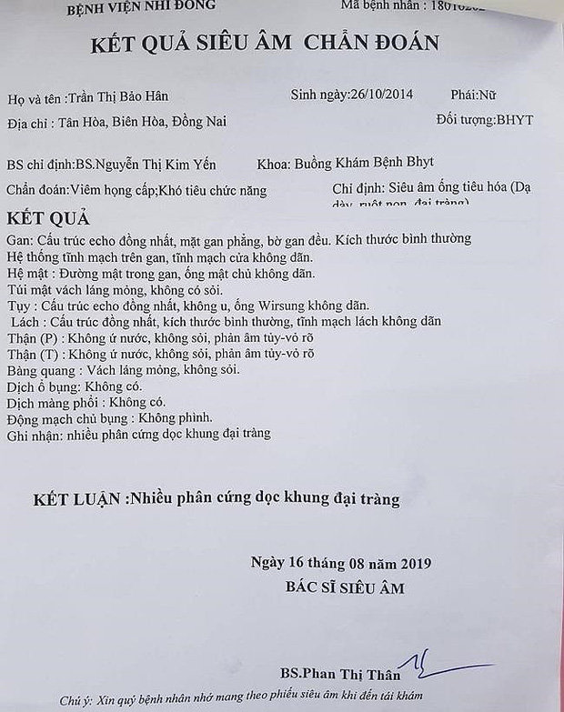 Kết quả thăm khám tại BV Nhi đồng Đồng Nai buổi sáng.