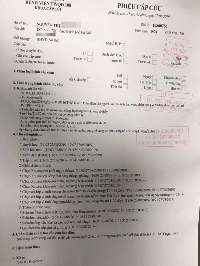 Phiếu cấp cứu khi nạn nhân nhập viện