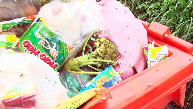 Thùng màu cam để chứa rác độc hại nhưng nhiều người vứt rác sinh hoạt vào.