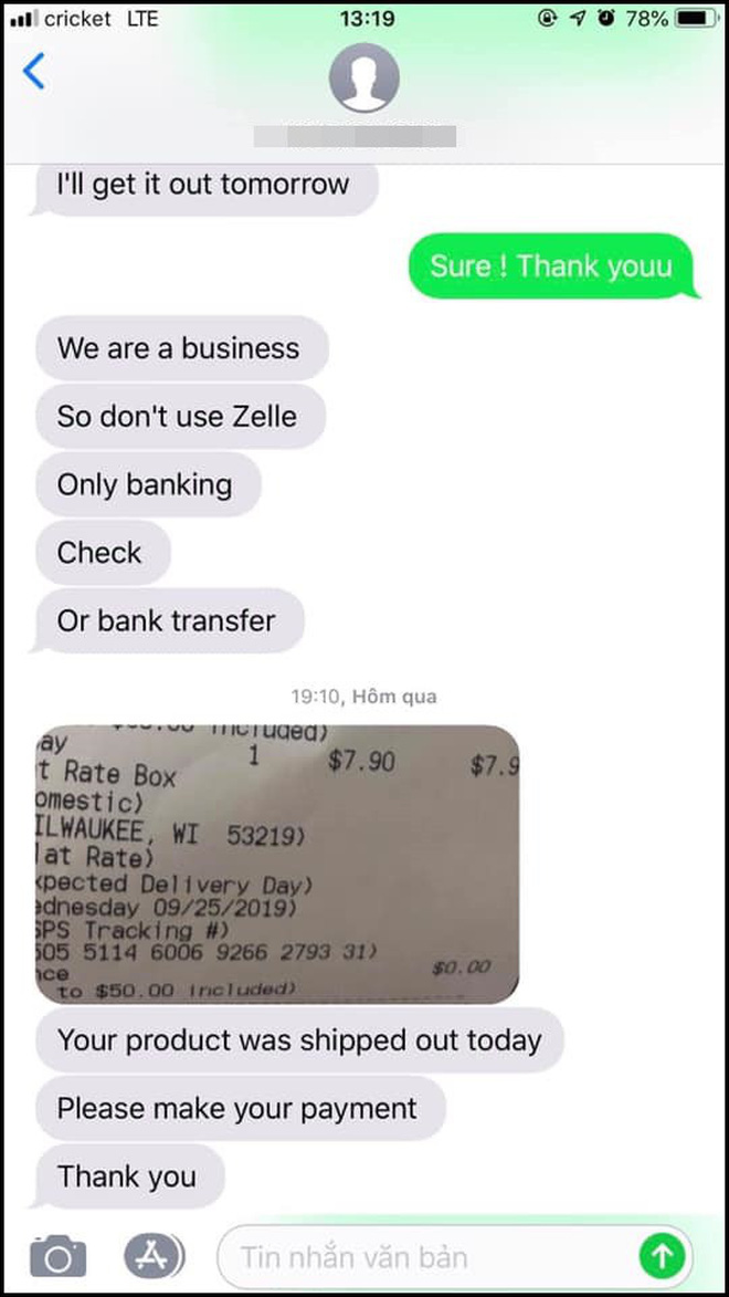 Tin nhắn giữa khách và phía nhãn hàng của Phạm Hương.