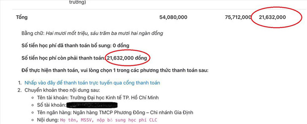 Sinh viên H.N phải nộp bổ sung học phí hơn 21 triệu đồng
