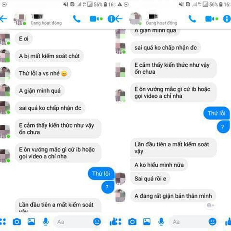 Nữ sinh cung cấp tin nhắn từ tài khoản facebook của ông chủ trung tâm tin học gửi ngay sau khi xảy ra sự việc.