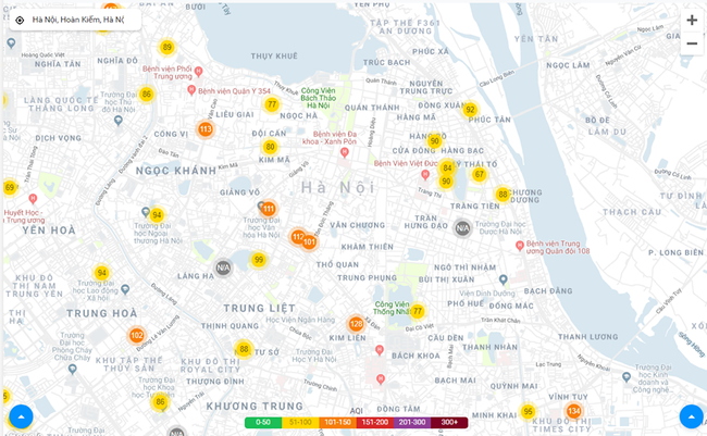 Trên trang PAM Air, chất lượng không khí ở nhiều khu vực tại Hà Nội đã được cải thiện rõ rệt với các chỉ số AQI đa số ở ngưỡng trung bình.