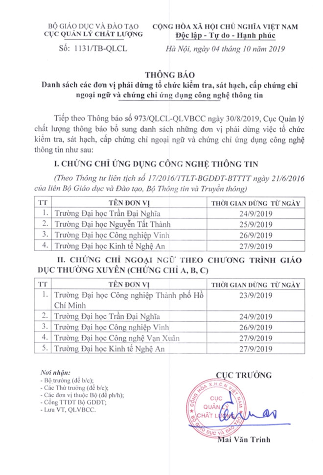 Thông báo của Bộ GD-ĐT về danh sách những trường phải dừng cấp chứng chỉ tin học, ngoại ngữ
