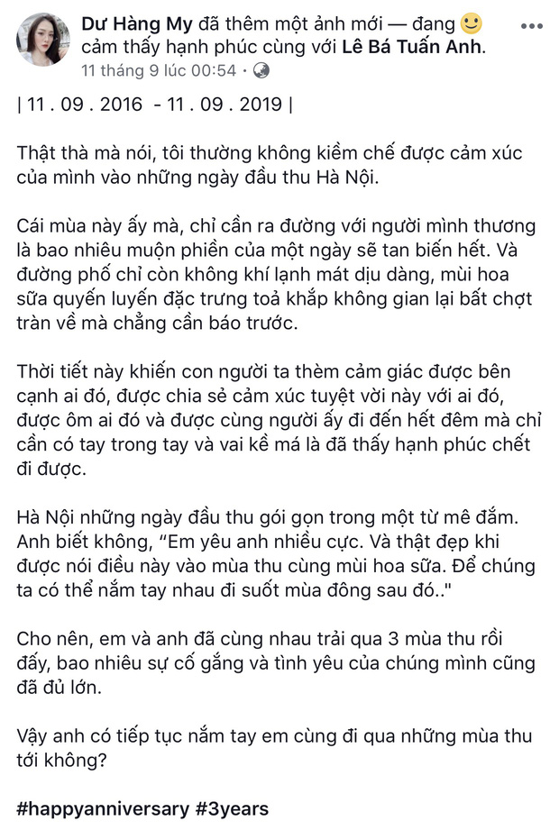 Status ngọt ngào Hàng My gửi đến bạn trai nhân kỷ niệm 3 năm ngày yêu nhau.