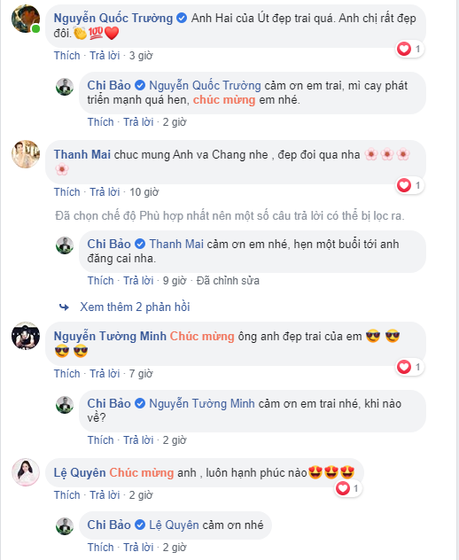 Các nghệ sĩ chúc mừng Chi Bảo đã tìm được tình yêu mới.