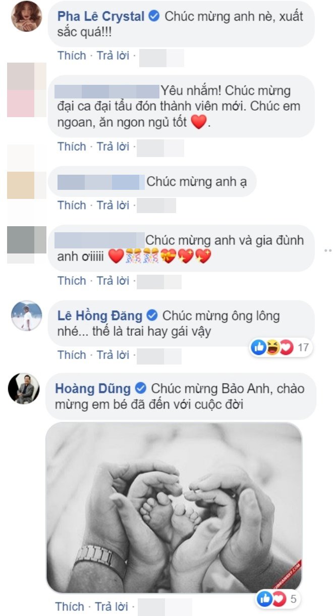 Nhiều sao Việt đã gửi lời chúc mừng tới gia đình diễn viên Bảo Anh.