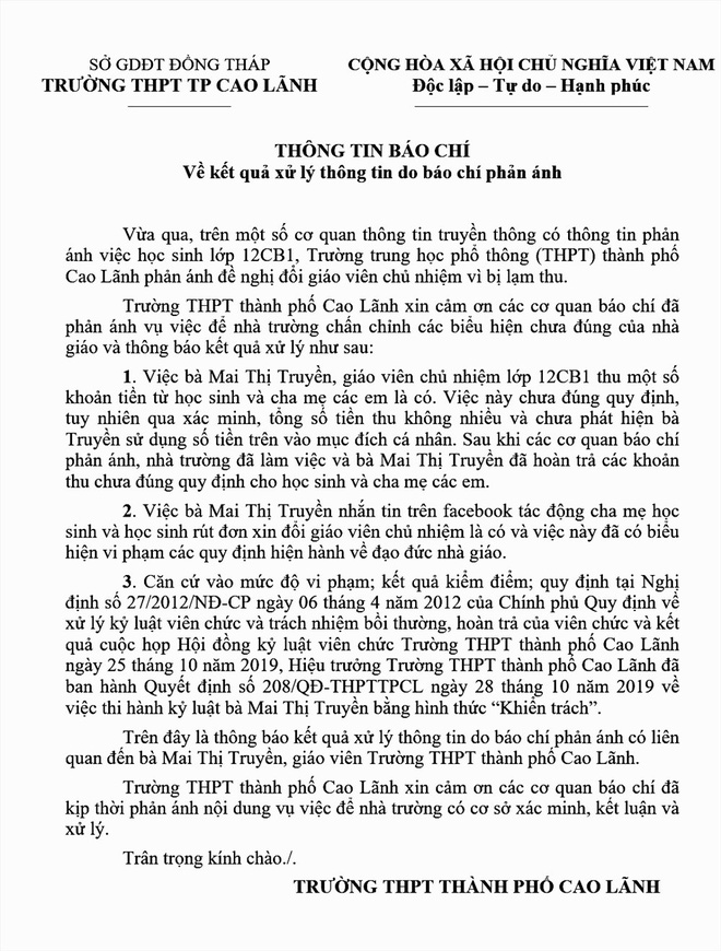 Văn bản thông tin vụ việc của Trường THPT TP. Cao Lãnh. Ảnh:TM
