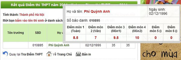 Cụ thể điểm tốt nghiệp của Quỳnh Anh là Tiếng Anh: 10; Văn: 7; Lý: 9,5,Toán: 8,5.