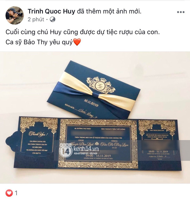 Nhiếp ảnh gia Trịnh Quốc Huy đăng tải thiệp mời đám cưới của ca sĩ Bảo Thy.